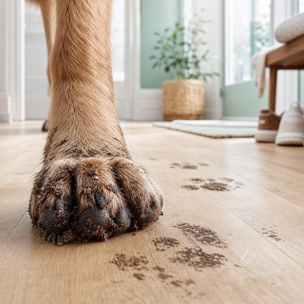 Pata con barro antes de usar PawClean