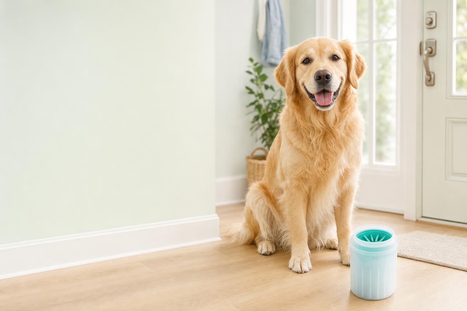 Perro feliz junto al limpiapatas PawClean en la entrada de casa